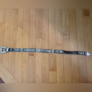 Rhinestone Studded Western-Style Leather Belt - Black & Silver- 24 Inch Belt